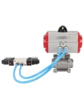 Кран шаровой DN.ru BV3232P(3pc)-FP-W-ISO-H Ду65 Ру25, полнопроходной под приварку, нержавеющая сталь SS316, уплотнение - PTFE, с пневмоприводом PA-DA-083 двойного действия, с пневмораспределителем 4V320-08 AC220V