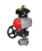 Кран шаровой DN.ru BV3232P(4pc)-SP-3WL-T-ISO-H Ду100 Ру40 стандартнопроходной трехходовой L-тип, нержавеющая сталь SS316, внутренняя резьба, уплотнение - PTFE, с пневмоприводом PA-DA-083, БКВ APL-410N EX и ручным дублером MON2-450-T28-ISO