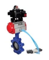 Затвор дисковый поворотный DN.ru WBV1631E-2W-Fb-H Ду100 Ру16 LUG корпус - чугун QT450, диск - нержавеющая сталь 304, уплотнение - EPDM, с пневмоприводом DN.ru PA-DA-083, пневмораспределителем 4V320-08 AC220V и БКВ APL-410N EX