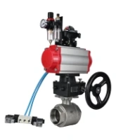 Кран шаровой DN.ru BV3232P(2pc)-FP-T-ISO-H Ду100 Ру40 полнопроходной, внутренняя резьба, нержавеющая сталь 316, PTFE, с пневмоприводом PA-DA-083, пневмораспределителем 4V320-08 AC220V, БКВ APL-210N, ручным дублером MON2-450-T28-ISO, БПВ AFC2000