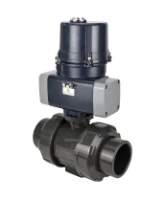 Кран шаровой DN.ru BV4242E-FP-GRM-ISO Дн50 Ру10 полнопроходной, клеевой с разборным муфтовым соединением, корпус - НПВХ, шар - НПВХ, уплотнение - EPDM, с электроприводом DN.ru QTSA-N-003EM-O0-220VAC с пружинным возвратом