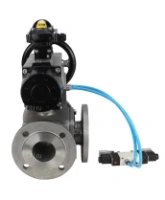 Кран шаровой DN.ru BV3232P(4pc)-FP-3WL-F Ду100 Ру16 полнопроходной трехходовой, фланцевый, корпус - нержавеющая сталь SS316, с пневмоприводом DN.ru PA-DA-105-1 двойного действия, пневмораспределителем 4V320-08 AC220V и БКВ APL-210N