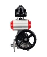 Кран шаровой DN.ru BV3232P(3pc)-FP-F-ISO-H Ду50 Ру40 фланцевый, полнопроходной, трехсоставной, корпус - нерж.сталь SS316, уплотнение - PTFE, с пн.приводом DN.ru PA-DA-083 пн.распределителем 4V320-08 AC220V редуктором MON2-450-T28-ISO БКВ APL-510N-EX