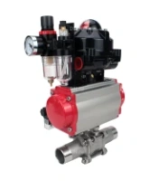 Кран шаровой DN.ru BV3232P(3pc)-FP-W-ISO-H LONG Ду32 Ру40 полнопроходной, корпус - нержавеющая сталь 316, уплотнение - PTFE, под приварку, с пневмоприводом DN.ru PA-SA-083, пневмораспределителем 4M310-08 AC220V, БКВ APL-510N EX и БПВ AFC2000