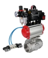 Кран шаровой DN.ru BV3232P(4pc)-SP-3WL-T-ISO-H Ду15 Ру63, стандартнопроходной, четырехсоставной, нержавеющая сталь 316, PTFE, внутренняя резьба, с пневмоприводом PA-DA-052, пневмораспределителем 4V320-08 AC220V, БКВ APL-410N Ex, БПВ AFC2000