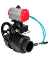 Кран шаровой DN.ru BV4242E-FP-GRM-ISO Дн50 Ру10 полнопроходной, корпус - НПВХ, шар - НПВХ, уплотнение - EPDM, с пневмоприводом PA-DA-052, пневмораспределителем 4V320-10 AC220V и ручным дублером MON1-250-T26-ISO