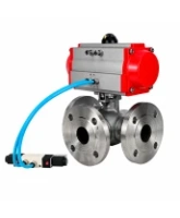 Кран шаровой DN.ru BV3232P(2pc)-FP-3WL-F-ISO-H Ду80 Ру16 HYMT, трехходовой L-тип, полнопроходной, фланцевый, корпус - нержавеющая сталь SS316, с пневмоприводом PA-SA-130 и пневмораспределителем 4V320-08 AC220V