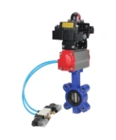 Затвор дисковый поворотный DN.ru WBV1616E-2W-Fb-H Ду50 Ру16 LUG корпус - чугун QT450, диск - чугун QT450, уплотнение - EPDM, с пневмоприводом DN.ru PA-DA-065, пневмораспределителем 4V320-08 AC220V и БКВ APL-410N EX