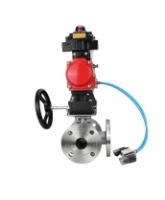 Кран шаровой DN.ru BV3232P(2pc)-FP-3WL-F-ISO-H Ду20 Ру16 HYMT, трехходовой L-тип, полнопроходной, фланцевый, нерж.сталь SS316, с пн.приводом PA-DA-052, пн.распредел 4V320-08 AC220V, ручн.дублером MON1-250-T26-ISO, БКВ APL-410N EX и БПВ AFC2000