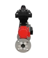 Кран шаровой DN.ru BV3131P(3pc)-FP-F-ISO-H Ду15 Ру40, трехсоставной полнопроходной фланцевый, нержавеющая сталь SS304, уплотнение - PTFE, с пневмоприводом PA-SA-065 с возвратными пружинами, с пневмораспределителем 4M310-08 AC220V, с БКВ APL-410N EX