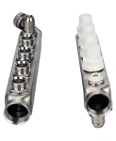 Коллекторная группа DN.ru GC4-31-4 1″ Ду25 Ру10 отводов — 4, в сборе с терморегулирующими клапанами и запорно-балансировочными клапанами, дренажным краном и воздухоотводчиком, с заглушками, без переходников, корпус - нержавеющая сталь AISI 304