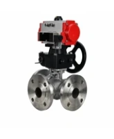 Кран шаровой DN.ru BV3232P(2pc)-FP-3WL-F-ISO-H Ду20 Ру16 HYMT, трехходовой L-тип, полнопроходной, фланцевый, корпус - нержавеющая сталь SS316, с пневмоприводом PA-DA-052, пневмораспределителем 4M310-08 24В NAMUR и ручным дублером MON1-250-T26-ISO