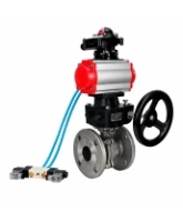 Кран шаровой DN.ru BV3232P(2pc)-FP-F-ISO-H WDVF Ду65 Ру16 полнопроходной, фланцевый, корпус - нержавеющая сталь 316, уплотнение - PTFE, с пневмоприводом PA-DA-083, пневмораспределителем 4V320-08 AC220V, БКВ APL-210N и ручным дублером MON2-450-T28-ISO