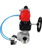Кран шаровой DN.ru BV3232P(4pc)-SP-3WL-T-ISO-H Ду15 Ру63, стандартнопроходной, четырехсоставной, нержавеющая сталь 316, PTFE, внутренняя резьба, с пневмоприводом PA-DA-052, пневмораспределителем 4V320-08 AC220V, ручным дублером MON1-250-T26-ISO