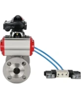 Кран шаровой DN.ru BV3131P(3pc)-FP-F-ISO-H Ду15 Ру40, трехсоставной полнопроходной фланцевый, нержавеющая сталь SS304, уплотнение - PTFE, с пневмоприводом PA-SA-065 с возвратными пружинами, с пневмораспределителем 4V320-08 AC220V, с БКВ APL-210N
