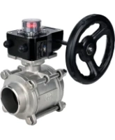 Кран шаровой DN.ru BV3232P(3pc)-FP-W-ISO-H Ду25 Ру63 полнопроходной двухходовой, нержавеющая сталь SS316, под приварку, уплотнение - PTFE, с ISO фланцем и редуктором DN.ru HGB RQN1-180Z с индикатором положения