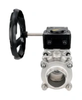 Кран шаровой DN.ru BV3232P(3pc)-FP-W-ISO-H Ду25 Ру63 полнопроходной двухходовой, нержавеющая сталь SS316, под приварку, уплотнение - PTFE, с ISO фланцем и редуктором DN.ru HAM RQN1-180Z-T40
