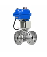 Кран шаровой DN.ru BV3232P(2pc)-FP-3WL-F-ISO-H Ду20 Ру16 HYMT, трехходовой L-тип, полнопроходной, фланцевый, корпус - нержавеющая сталь SS316, с электроприводом QT-N-003EM-O1-220VAC-У1 blue
