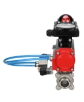 Кран шаровой DN.ru BV3232P(3pc)-FP-W-ISO-H Ду65 Ру25, полнопроходной под приварку, нержавеющая сталь SS316, уплотнение - PTFE, с пневмоприводом PA-DA-083 двойного действия, с пневмораспределителем 4V320-08 AC220V, с БКВ APL-210N
