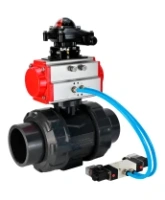 Кран шаровой DN.ru BV4242E-FP-GRM-ISO Дн50 Ру10 полнопроходной, корпус - НПВХ, шар - НПВХ, уплотнение - EPDM, с пневмоприводом PA-SA-065, пневмораспределителем 4V320-08 AC220V и БКВ APL-210N