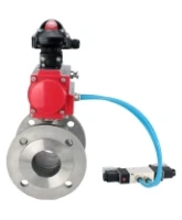 Кран шаровой DN.ru BV3232P(2pc)-FP-F-ISO-H Ду80 Ру16, полнопроходной фланцевый, нержавеющая сталь SS316, уплотнение - PTFE, с пневмоприводом PA-SA-130 с возвратными пружинами, с пневмораспределителем 4V320-08 AC220V, с БКВ APL-210N