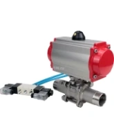Кран шаровой DN.ru BV3232P(3pc)-FP-W-ISO-H LONG Ду32 Ру40 полнопроходной, корпус - нержавеющая сталь 316, уплотнение - PTFE, под приварку, с пневмоприводом DN.ru PA-SA-083 и пневмораспределителем 4V320-08 AC220V