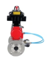 Кран шаровой DN.ru BV3131P(3pc)-FP-F-ISO-H Ду15 Ру40, трехсоставной полнопроходной фланцевый, нержавеющая сталь SS304, уплотнение - PTFE, с пневмоприводом PA-SA-065 с возвратными пружинами, с пневмораспределителем 4V320-08 AC220V, с БКВ APL-410N EX