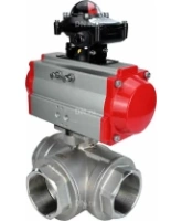 Кран шаровой DN.ru BV3232P(4pc)-SP-3WL-T-ISO-H Ду100 Ру40 стандартнопроходной трехходовой L-тип, нерж. сталь SS316, внутренняя резьба, уплотнение - PTFE, с пневмоприводом PA-DA-83 и блоком концевых выключателей APL-210N