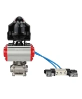 Кран шаровой DN.ru BV3232P(3pc)-FP-W-ISO-H Ду25 Ру63 под приварку, полнопроходной, корпус - нержавеющая сталь SS316, уплотнение - PTFE, с пн.приводом DN.ru PA-DA-052 пн.распределителем 4V320-08 AC220V БКВ APL-510N-EX