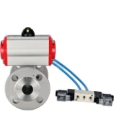 Кран шаровой DN.ru BV3131P(3pc)-FP-F-ISO-H Ду15 Ру40, трехсоставной полнопроходной фланцевый, нержавеющая сталь SS304, уплотнение - PTFE, с пневмоприводом PA-SA-065 с возвратными пружинами, с пневмораспределителем 4V320-08 AC220V