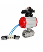 Кран шаровой DN.ru BV3232P(4pc)-SP-3WL-T-ISO-H WDVF Ду40 Ру63 стандартнопроходной, 3-ходовой L-тип, внутренняя резьба, нержавеющая сталь AISI 316, PTFE, с пневмоприводом PA-SA-130, пневмораспределителем 4V320-08 AC220V и БКВ APL-210N