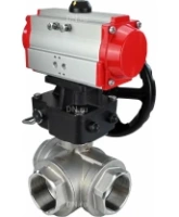 Кран шаровой DN.ru BV3232P(4pc)-SP-3WL-T-ISO-H Ду100 Ру40 стандартнопроходной трехходовой L-тип, нерж. сталь SS316, внутренняя резьба, уплотнение - PTFE, с пневмоприводом PA-DA-083 и ручным дублером MON2-450-T28-ISO