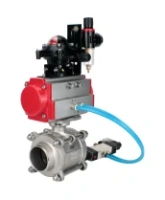Кран шаровой DN.ru BV3232P(3pc)-FP-W-ISO-H WDVF Ду15 Ру63 полнопроходной, трехсоставной, корпус - нержавеющая сталь 316, уплотнение - PTFE, под приварку, с пневмоприводом PA-SA-065, пневмораспределителем 4V320-08 AC220V, БКВ APL-210N, БПВ AFC2000
