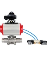 Кран шаровой DN.ru BV3232P(3pc)-FP-W-ISO-H LONG Ду32 Ру40 полнопроходной, корпус - нержавеющая сталь 316, уплотнение - PTFE, под приварку, с пневмоприводом DN.ru PA-SA-083, пневмораспределителем 4V320-08 AC220V и БКВ APL-210N