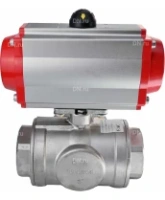 Кран шаровой DN.ru BV3232P(4pc)-SP-3WL-T-ISO-H Ду100 Ру40 стандартнопроходной L-тип, трехходовой, нержавеющая сталь SS316, внутренняя резьба, уплотнение - PTFE, с пневмоприводом DN.ru PA-DA-83 двойного действия