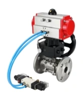 Кран шаровой DN.ru BV3131P(3pc)-FP-F-ISO-H Ду15 Ру40, трехсоставной полнопроходной фланцевый, нержавеющая сталь SS304, уплотнение - PTFE, с пневмоприводом PA-DA-052, с пневмораспределителем 4V320-08 AC220V, с ручным дублером MON1-250-T26-ISO