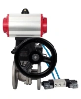Кран шаровой DN.ru BV3232P(2pc)-FP-F-ISO-H Ду80 Ру16, полнопроходной фланцевый, нержавеющая сталь SS316, уплотнение - PTFE, с пневмоприводом PA-DA-083 двойного действия, с пневмораспределителем 4V320-08 AC220V, с ручным дублером MON2-450-T28-ISO