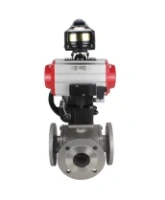 Кран шаровой DN.ru BV3232P(4pc)-FP-3WL-F Ду65 Ру16 полнопроходной трехходовой, фланцевый, корпус - нержавеющая сталь SS316, с пневмоприводом DN.ru PA-DA-083, пневмораспределителем 4M310-08 AC220V, БКВ APL-510N EX и ручным дублером MON2-450-T28-ISO