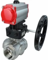 Кран шаровой DN.ru BV3232P(4pc)-SP-3WL-T-ISO-H Ду100 Ру40 стандартнопроходной трехходовой L-тип, нерж. сталь SS316, внутренняя резьба, уплотнение - PTFE, с пневмоприводом PA-DA-083 и ручным дублером MON2-450-T28-ISO