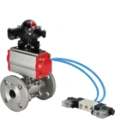 Кран шаровой DN.ru BV3131P(3pc)-FP-F-ISO-H Ду15 Ру40, трехсоставной полнопроходной фланцевый, нержавеющая сталь SS304, уплотнение - PTFE, с пневмоприводом PA-SA-065 с возвратными пружинами, с пневмораспределителем 4V320-08 AC220V, с БКВ APL-210N