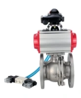 Кран шаровой DN.ru BV3232P(2pc)-FP-F-ISO-H Ду80 Ру16, полнопроходной фланцевый, нержавеющая сталь SS316, уплотнение - PTFE, с пневмоприводом PA-SA-130 с возвратными пружинами, с пневмораспределителем 4V320-08 AC220V, с БКВ APL-210N