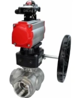 Кран шаровой DN.ru BV3232P(4pc)-SP-3WL-T-ISO-H Ду100 Ру40 стандартнопроходной трехходовой L-тип, нерж. сталь SS316, внутренняя резьба, уплотнение - PTFE, с пневмоприводом PA-DA-083, БКВ APL-210N и ручным дублером MON2-450-T28-ISO