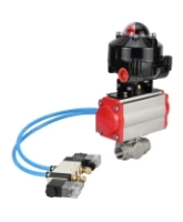 Кран шаровой DN.ru BV3232P(4pc)-SP-3WL-T-ISO-H 1/2″ Ду15 Ру63 стандартнопроходной трехходовой L-тип, нержавеющая сталь SS316, внутренняя резьба, уплотнение - PTFE, с пн.приводом DN.ru PA-DA-052 пн.распределителем 4V320-08 AC220V БКВ APL-510N-EX