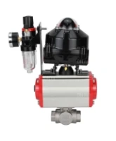 Кран шаровой DN.ru BV3232P(4pc)-SP-3WL-T-ISO-H 1/2″ Ду15 Ру63 стандартнопроходной трехходовой L-тип, нержавеющая сталь SS316, внутренняя резьба, уплотнение - PTFE, пн.привод DN.ru PA-DA-052 пн.распределитель 4M310-08 AC220V БПВ AFC2000 БКВ APL-510N-EX