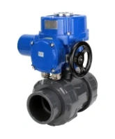 Кран шаровой DN.ru BV4242E-FP-GRM-ISO Дн50 Ру10 полнопроходной, корпус - НПВХ, шар - НПВХ, уплотнение - EPDM, с электроприводом DN.ru QT-N-005M-O2-220VAC-У1 с моментной муфтой и штурвалом