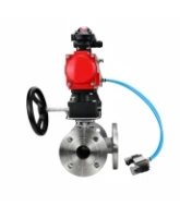Кран шаровой DN.ru BV3232P(2pc)-FP-3WL-F-ISO-H Ду20 Ру16 HYMT, трехходовой L-тип, полнопроходной, фланцевый, нержав.сталь SS316, с пневмоприводом PA-DA-052, пневмораспределителем 4V320-08 AC220V, ручным дублером MON1-250-T26-ISO и БКВ APL-210N