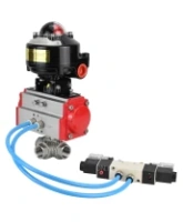 Кран шаровой DN.ru BV3232P(4pc)-SP-3WL-T-ISO-H 1/2″ Ду15 Ру63 стандартнопроходной трехходовой L-тип, нержавеющая сталь SS316, внутренняя резьба, уплотнение - PTFE, с пн.приводом DN.ru PA-DA-052 пн.распределителем 4V320-08 AC220V БКВ APL-510N-EX