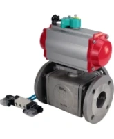 Кран шаровой DN.ru BV3232P(4pc)-FP-3WL-F-ISO-H Ду100 Ру16 полнопроходной трехходовой L-тип, фланцевый, корпус - нержавеющая сталь SS316, PTFE, с пневмоприводом PA-DA-105, пневмораспределителем 4V320-08 AC220V и магнитным переключателем ALS200D