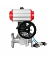 Кран шаровой DN.ru BV3232P(2pc)-FP-3WL-F-ISO-H Ду20 Ру16 HYMT, трехходовой L-тип, полнопроходной, фланцевый, корпус - нержавеющая сталь SS316, с пневмоприводом PA-DA-052, пневмораспределителем 4V320-08 AC220V и ручным дублером MON1-250-T26-ISO