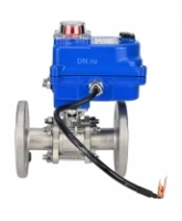 Кран шаровой DN.ru BV3131P(3pc)-FP-F-ISO-H Ду15 Ру40 трехсоставной из нержавеющей стали SS304, фланцевый, уплотнение - PTFE, полнопроходной с электроприводом DN.ru QT-N-003EM-O1-220VAC-У1 blue